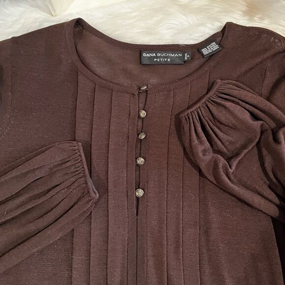 NEW Dana Buchman Silk Pleated Button Belted Tie Waist Bell Sleeve Sweater P NWOT - Picture 10 of 15